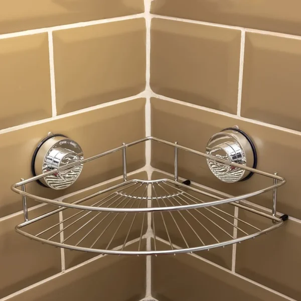 Airgrip Silver SS Corner Rack | Bathroom Shelf | No Drilling | Vacuum Suction | 3kg Capacity | Reusable | Bathroom Accessories Organizer