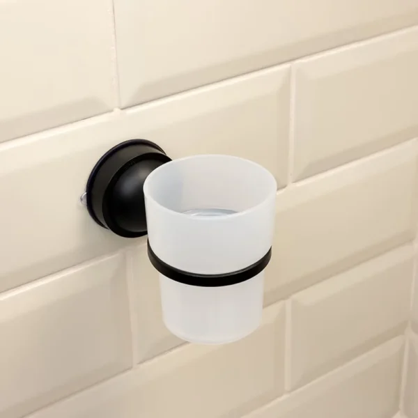 Airgrip Matt Black SS Tumbler Holder | Bathroom Accessories with Hooks | No Drilling | Vacuum Suction | 1kg Capacity | Reusable | Bathroom Accessories