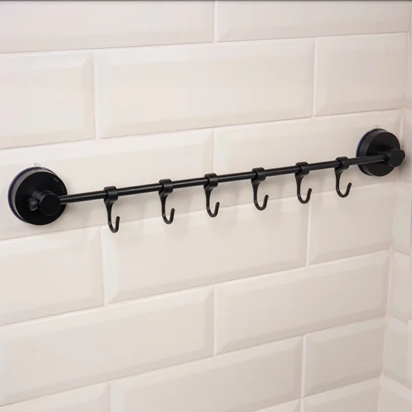 Airgrip Matt Black SS Multi Hanger Bar | Multipurpose Wall Hooks Bar | No Drilling | Vacuum Suction | 3kg Capacity | Reusable | Bathroom Accessories