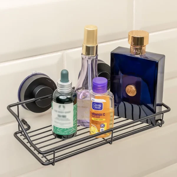 Airgrip Matt Black SS Storage Rack | Shower Shelf Organizer | No Drilling | Vacuum Suction | 5kg Capacity | Reusable | Bathroom Accessories | Kitchen Organizer