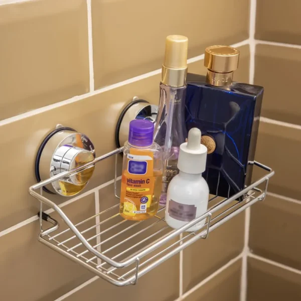Airgrip Silver SS Storage Rack | Shower Shelf Organizer | No Drilling | Vacuum Suction | 5kg Capacity | Reusable | Bathroom Accessories Organizer | Kitchen Organizer