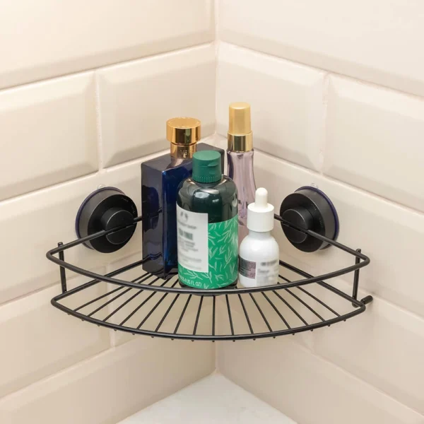 Airgrip Matt Black SS Corner Rack | Bathroom Shelf | No Drilling | Vacuum Suction | 3kg Capacity | Reusable | Bathroom Accessories Organizer