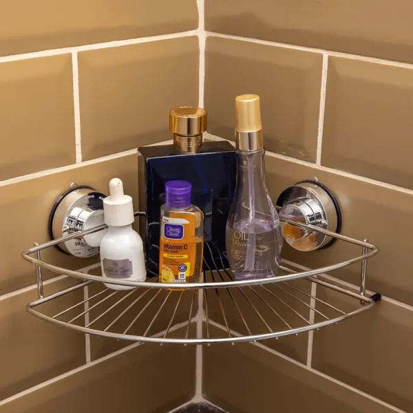Airgrip Silver SS Corner Rack | Bathroom Shelf | No Drilling | Vacuum Suction | 3kg Capacity | Reusable | Bathroom Accessories Organizer