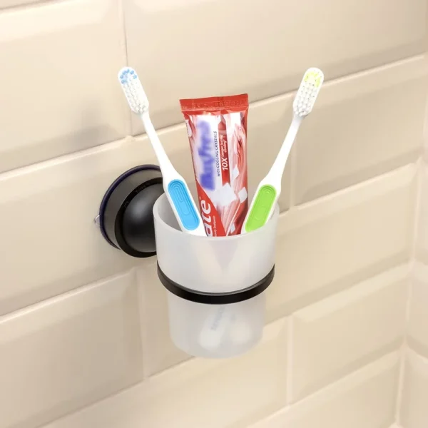 Airgrip Matt Black SS Tumbler Holder | Bathroom Accessories with Hooks | No Drilling | Vacuum Suction | 1kg Capacity | Reusable | Bathroom Accessories