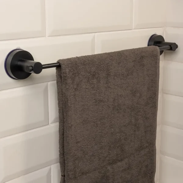 Airgrip Matt Black SS Towel Bar | Bathroom Towel Rod | No Drilling | Vacuum Suction | 3kg Capacity | Reusable | Bathroom Accessories