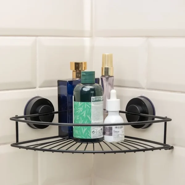 Airgrip Matt Black SS Corner Rack | Bathroom Shelf | No Drilling | Vacuum Suction | 3kg Capacity | Reusable | Bathroom Accessories Organizer