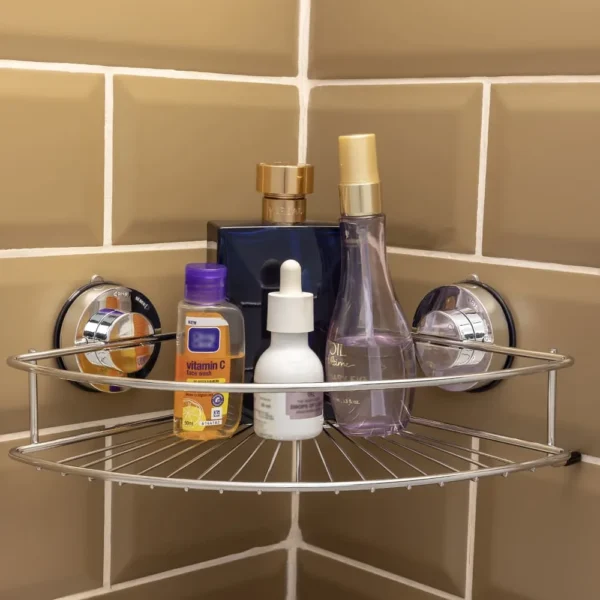 Airgrip Silver SS Corner Rack | Bathroom Shelf | No Drilling | Vacuum Suction | 3kg Capacity | Reusable | Bathroom Accessories Organizer