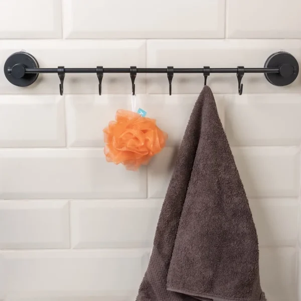 Airgrip Matt Black SS Multi Hanger Bar | Multipurpose Wall Hooks Bar | No Drilling | Vacuum Suction | 3kg Capacity | Reusable | Bathroom Accessories