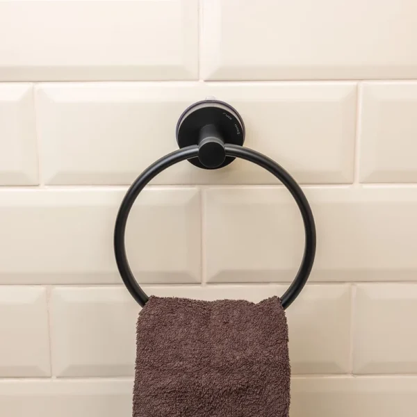 Airgrip Matt Black Towel Ring | No Drilling | Vacuum Suction | 1kg Capacity | Reusable | Bathroom Accessories