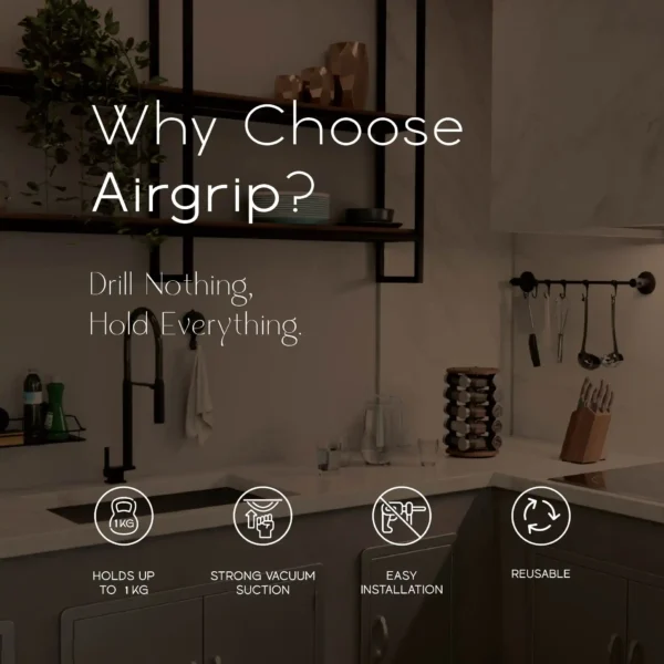 Airgrip Matt Black Towel Ring | No Drilling | Vacuum Suction | 1kg Capacity | Reusable | Bathroom Accessories