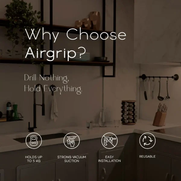 Airgrip Premium Black Matt Wall Hooks | Bathroom Accessories | No Drilling | Vacuum Suction | 5kg Capacity | Reusable | Kitchen Accessories